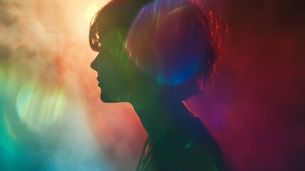 Vibrant colorful light leaks on dark blurred background. Modern design, ethereal theme, abstract visual. Retro film lens flare bokeh analog vintage photo overlay or screen filter effect