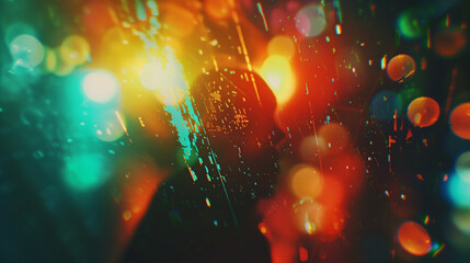 Vibrant colorful light leaks on dark blurred background. Modern design, ethereal theme, abstract visual. Retro film lens flare bokeh analog vintage photo overlay or screen filter effect