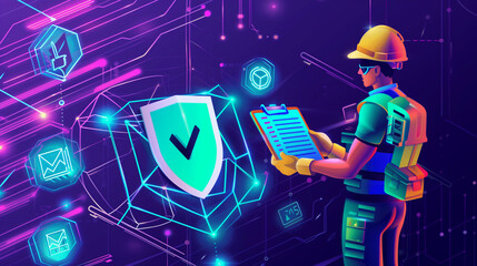 Work Safety and Compliance Concept, Safety First, A person with work safety and compliance icons, including a shield, hard hat, checklist, workplace safety, health protocols, and regulatory compliance