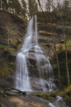 Uguna waterfall in Gorbea natural park on a cold winter morning