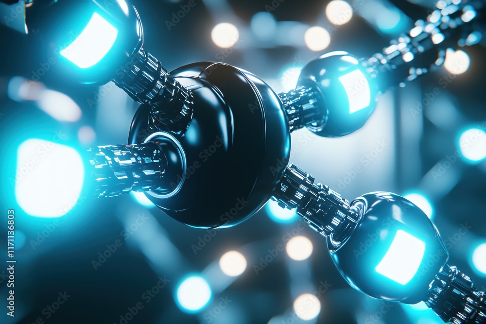 Poster futuristic molecular structure with illuminated nodes and interconnected chains in abstract design