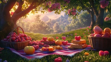 A romantic picnic in an enchanted glade, where heart-shaped fruits and pastries are laid out on a vibrant blanket under a canopy of trees.