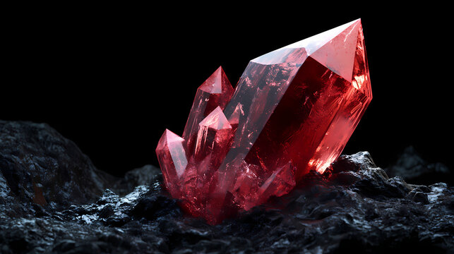 Red cinnabar crystal on dark rock. Cinnabar. Illustration