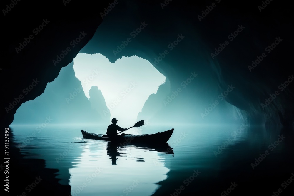 Poster a haunting scene of a kayaker exploring a sunken cathedral, with dim light filtering through the wat