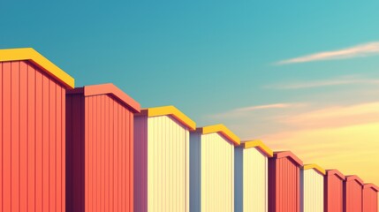 Colorful Storage Units Under Bright Sky at Sunset with Soft Clouds in Background