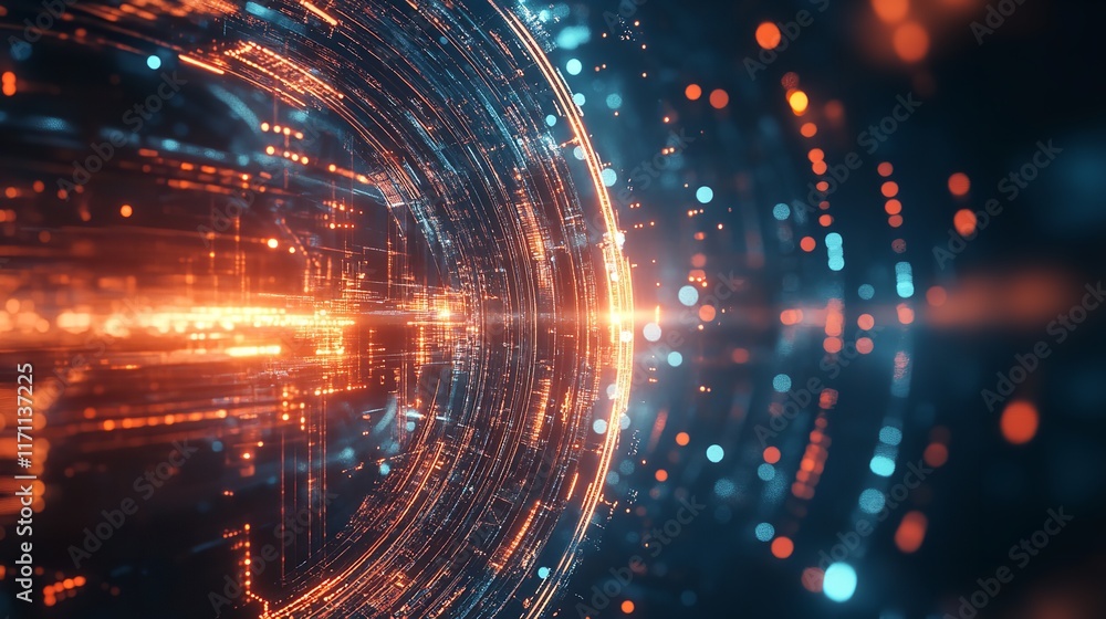 Poster abstract digital tunnel with glowing red and blue lights, creating a sense of movement and energy.