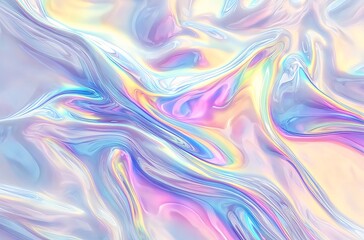 Abstract iridescent holographic background with pastel flowing colors.