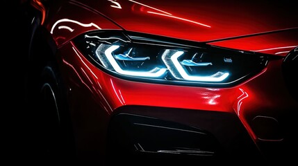 Close-up of a red car headlight with white LED lights glowing in the dark.