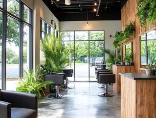 Fototapeta premium Stylish modern salon interior with green plants and large windows for a bright and inviting space