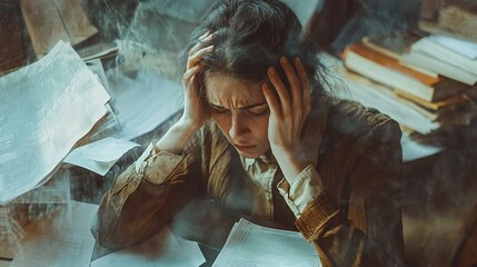 A distressed person surrounded by papers, conveying stress and overwhelm.