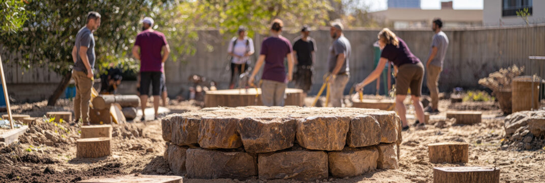 group of volunteers collaborates on community garden project, enhancing space with natural materials and teamwork