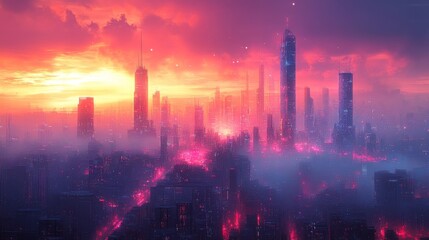 Fototapeta premium Futuristic cityscape at sunset, shrouded in fog and glowing with vibrant lights.