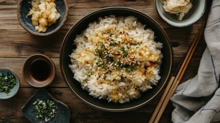 A rustic setting featuring a bowl of hot rice, accompanied by assorted side dishes and a drizzle of soy sauce, all arranged on a wooden surface for a homely feel.