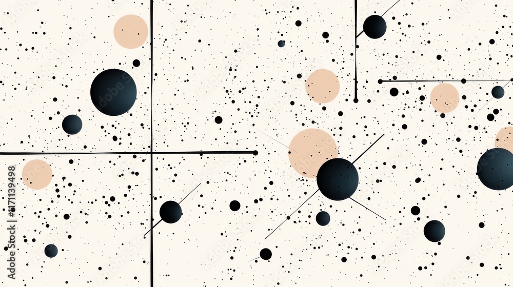 Poster abstract minimal geometric dot pattern with scattered circles and shapes in grayscale tones