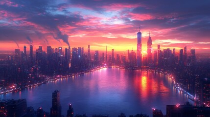 Fototapeta premium Vibrant sunset over a futuristic city skyline reflected in calm water.