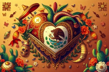 Fototapeta premium mexican heart with flowers and birds