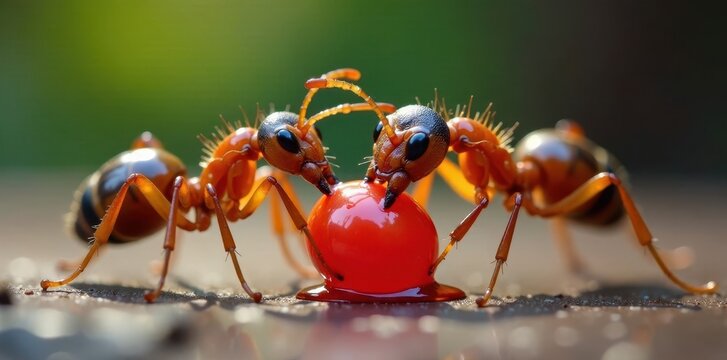Hungry ants devour lollipop with voracious speed, sticky syrup coating their armored bodies, insect appetite, lollipop destruction
