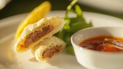 Delicious stuffed pastry with beef filling served with salsa and fresh greens on white plate
