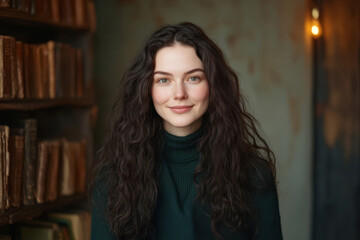 Naklejka premium Young caucasian female in library holding small box with books in background