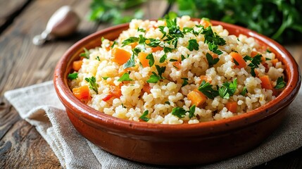 Delicious Healthy Grain Bowl with Vegetables and Fresh Herbs in Rustic Setting