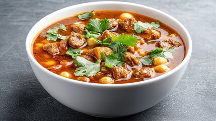 Rich and Flavorful Meat Stew with Fresh Herbs in White Bowl on Dark Background