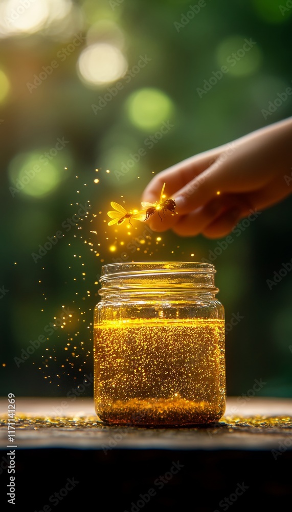 Poster golden glitter sprinkled into a jar filled with liquid, creating a magical and sparkling effect
