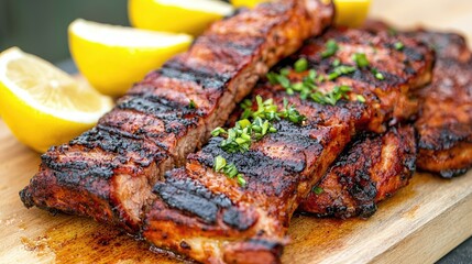 Grilled Meat with Fresh Lemon and Herbs Served on a Wooden Cutting Board