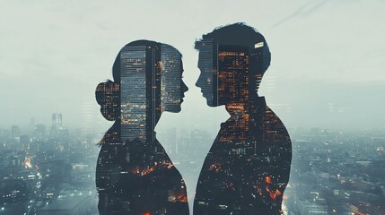 A double exposure image of a couple's silhouette against a city skyline.