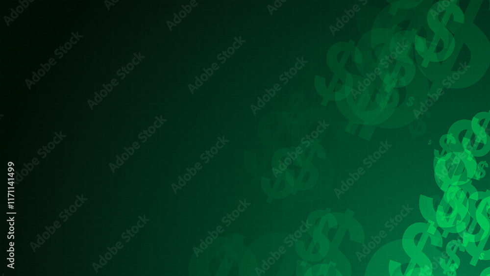 Poster blue dollar symbol shapes are moving from the bottom right of a gradient grid abstract background, h