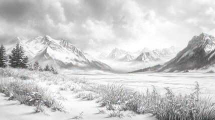 Obraz premium Serene Winter Landscape With Snowy Mountains And Grassland