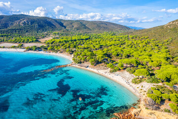 Aerial view with Palombaggia beach in Corsica island, France