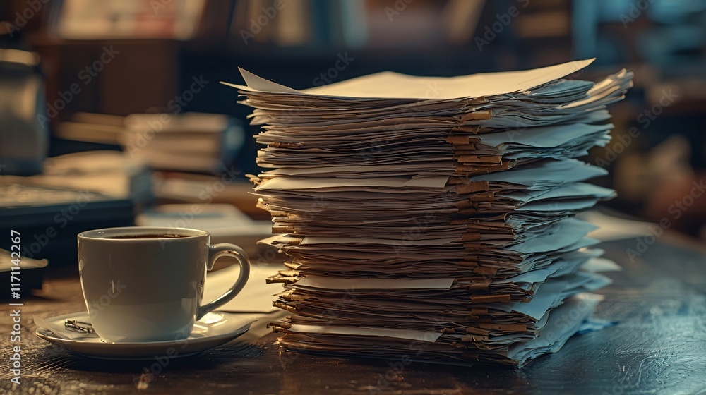 Poster life insurance planning stack of neatly arranged documents with a cup of coffee on a work desk stock