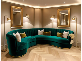 A warm and inviting living room with a velvet curved sofa, gold accents, soft ambient lighting, and a herringbone wood floor.