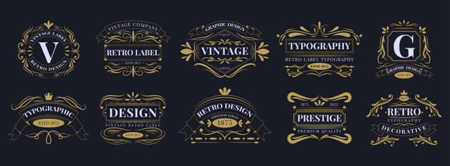 Vintage logo emblem. Classic seal, retro style badge, label design, flourish ribbon. Elegant Victorian crest. Decorative shield elegant premium floral design. Vector banner garish ornament graphic
