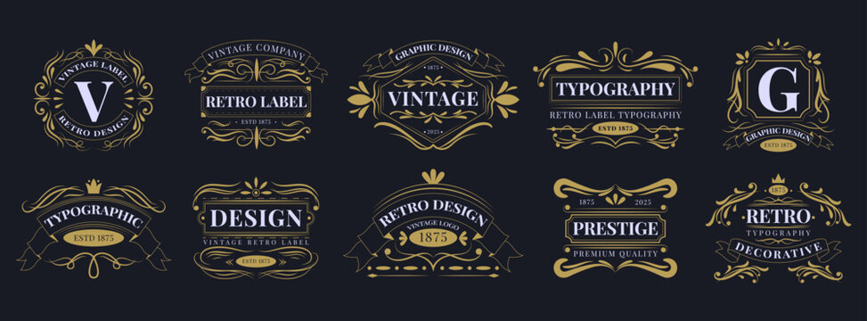 Vintage logo emblem. Classic seal, retro style badge, label design, flourish ribbon. Elegant Victorian crest. Decorative shield elegant premium floral design. Vector banner garish ornament graphic