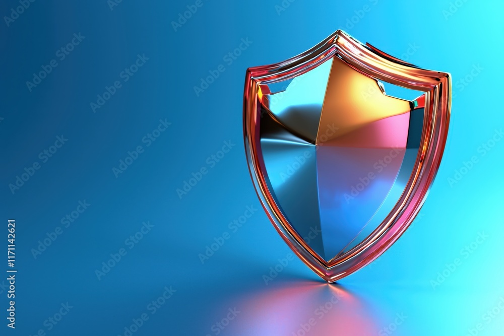 Poster shiny three-dimensional shield with colorful reflection on blue background