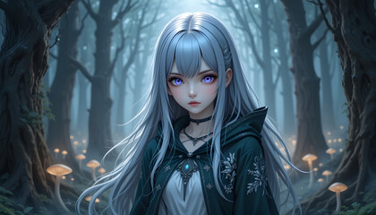 Girl with silver hair in dark forest.