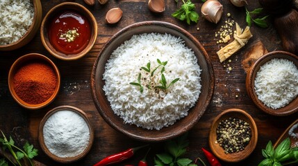 A rustic wooden table set with a bowl of fluffy white rice, surrounded by fresh ingredients and sauces, capturing the essence of a homemade meal.