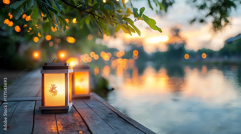 Poster festive lanterns casting a soft warm glow over a tranquil riverside path as the day fades into dusk 