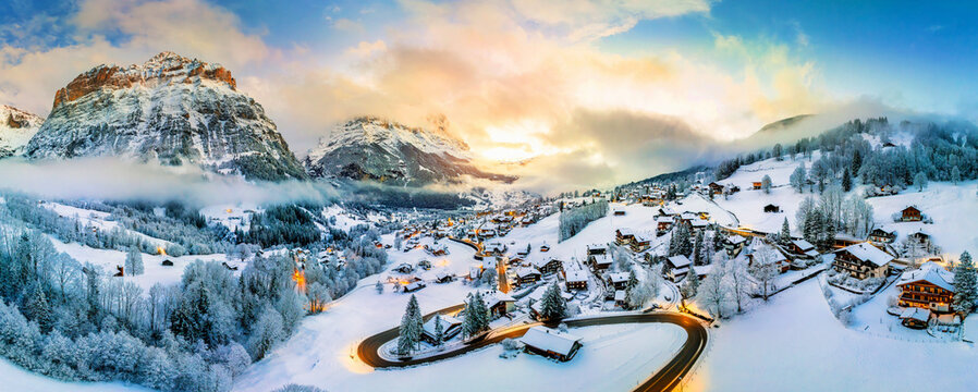 Aerial shots of Grindelwald in winter, Switzerland.
