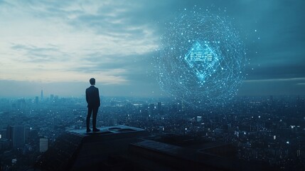 A figure stands on a rooftop, gazing at a digital network above a cityscape.