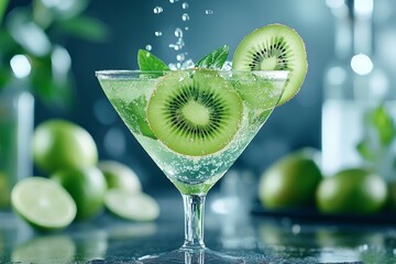 A kiwi and lime juice served in a clear glass, with slices of fruit floating in the vibrant green liquid