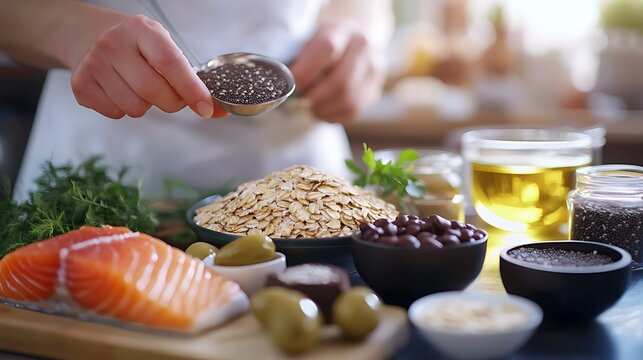 Nutritionist Arranging Heart-Healthy Food Chart Highlighting Salmon Olive Oil Oats and Chia Seeds