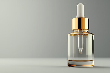 Naklejka premium Elegant Glass Dropper Bottle with Golden Cap and Clear Serum on Minimalist Grey Background