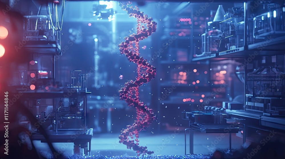 Aufkleber generative ai image of a futuristic biotech lab with a floating holographic protein model, illuminat