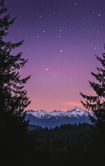 Fototapeta premium Majestic Mountain Range under a Purple Starry Night Sky with Pine Trees