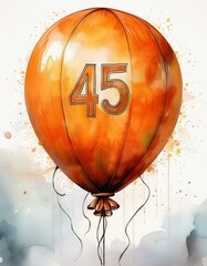Obraz premium Orange birthday / anniversary balloon, number 45, watercolor painting with white background