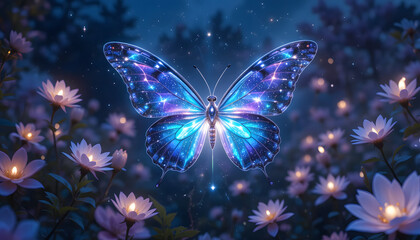 Glowing butterfly in magical night garden.