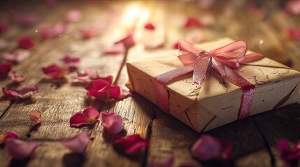 A romantic scene of two letters tied together with a ribbon, resting on a wooden table covered in petals and soft lighting.