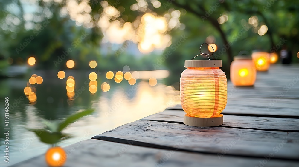 Poster festive riverside path illuminated by soft glowing lanterns reflecting on the calm waters below crea